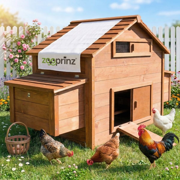 Hühnerstall aus Holz mit zooprinz Logo, Legenest und Rampe in einem hellen Garten mit Hühnern, Hahn und einem Eierkorb.