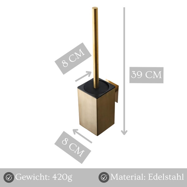 Wand-WC-Bürstengarnitur aus Edelstahl mit Maßen von 8 cm mal 8 cm mal 39 cm und einem Gewicht von 420 Gramm.