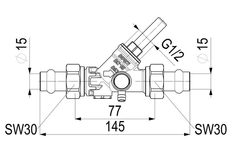 Technische Zeichnung eines Ventils mit Maßen: 145 Millimeter Gesamtlänge, 15 Millimeter Rohrdurchmesser und Schlüsselweite 30.