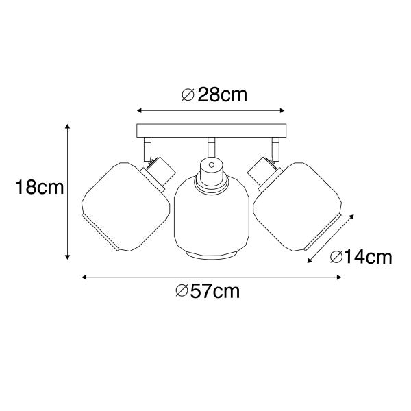 Abmessungen einer Deckenleuchte mit drei Strahlern, Durchmesser 57 Zentimeter