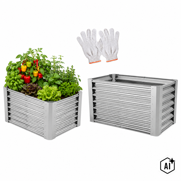 Hochbeet aus Metall mit Wellenstruktur, bepflanzt mit Gemüse und Kräutern, sowie ein leeres Modell und Gartenhandschuhe.