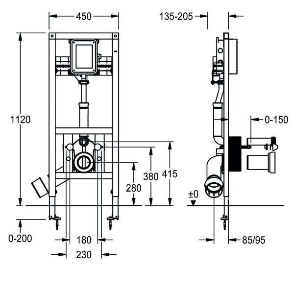 Technische Zeichnung eines Toiletten-Vorwandelements mit Maßangaben in Millimeter.