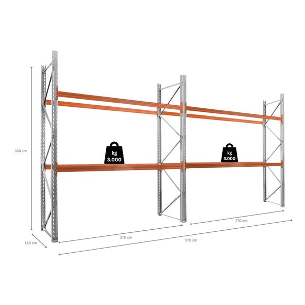PROREGAL Palettenregal Schraub-Stecksystem T-Profil HxBxT 336 x 570 x 110 cm Fachlast 3000 kg 3 Ebenen Mit 18 Palettenstellplätzen Verzinkt & Orange