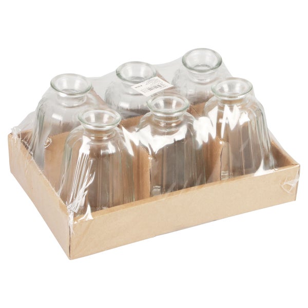 Set aus sechs gerippten Glasvasen in einer Kartonverpackung mit Schutzfolie.