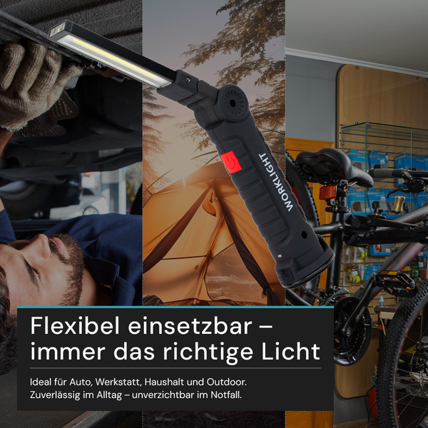 Flexible Arbeitsleuchte im Einsatz an Auto, Zelt und Fahrrad