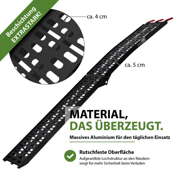 Klappbare Aluminium-Rampe, rutschfeste Lochstruktur, Lochbreite circa 4 Zentimeter, Seitenhöhe circa 5 Zentimeter. Trutzholm Logo.