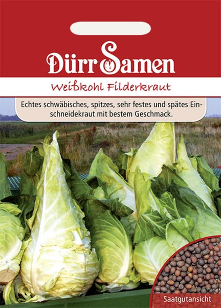 Samentüte Dürr Samen Weißkohl Filderkraut mit Abbildung von spitzen Kohlköpfen und einer Detailansicht der Samen.