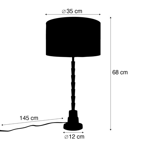 Skizze einer Tischleuchte mit den Maßen: Durchmesser des Lampenschirms 35 cm, Höhe 68 cm, Durchmesser des Sockels 12 cm, Kabellänge 145 cm