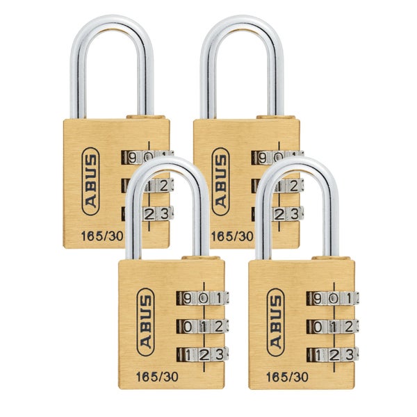 Vier Abus Zahlenvorhängeschlösser 165/30 aus Messing mit verstellbarem Zahlencode