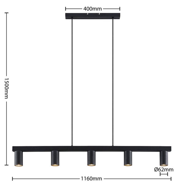 Schwarze Pendelleuchte mit fünf Leuchten und Maßangaben