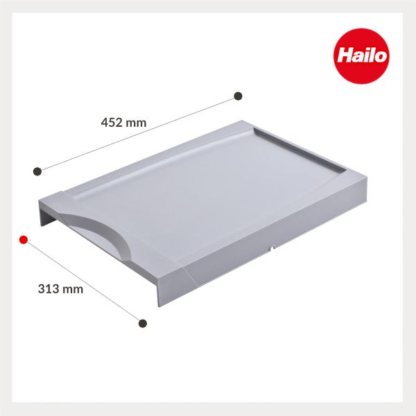 Grauer Hailo Systemdeckel aus Kunststoff, Länge 452 Millimeter, Breite 313 Millimeter.
