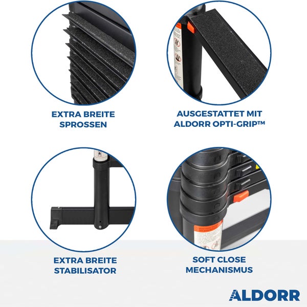 ALDORR Professional - Teleskopleiter 3,20M mit ausziehbarer Stabilisatorstange - Belastbarkeit bis zu 150kg - Soft-Close-System