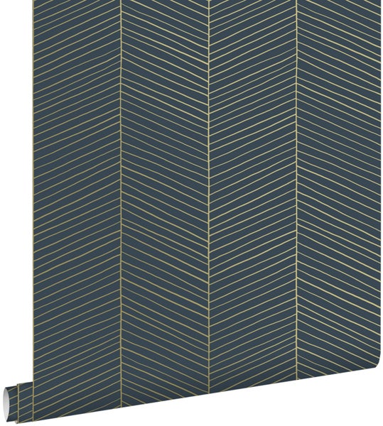 ESTAhome Tapete Fischgrätmuster Dunkelblau und Gold - 53 cm x 10.05 m - 139452