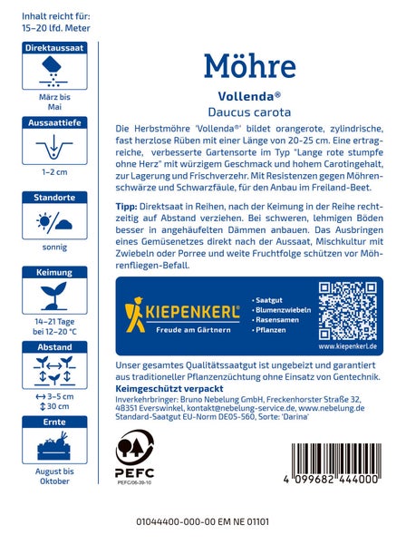 Produktverpackung Rueckseite fuer Kiepenkerl Moehre Vollenda Samen mit Pflanzanleitung und Angaben zu Aussaat, Ernte und Standort.