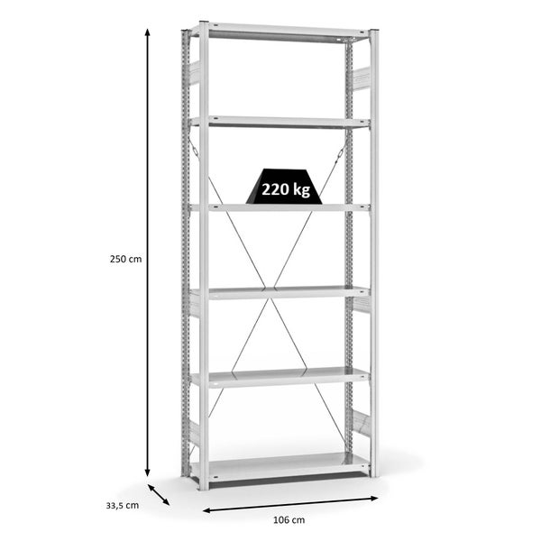 PROREGAL Fachbodenregal Stecksystem T-Profil Medium-Duty Grundregal HxBxT 250 x 100 x 30 cm 6 Ebenen Fachlast 220 kg Einseitig Nutzbar Lichtgrau