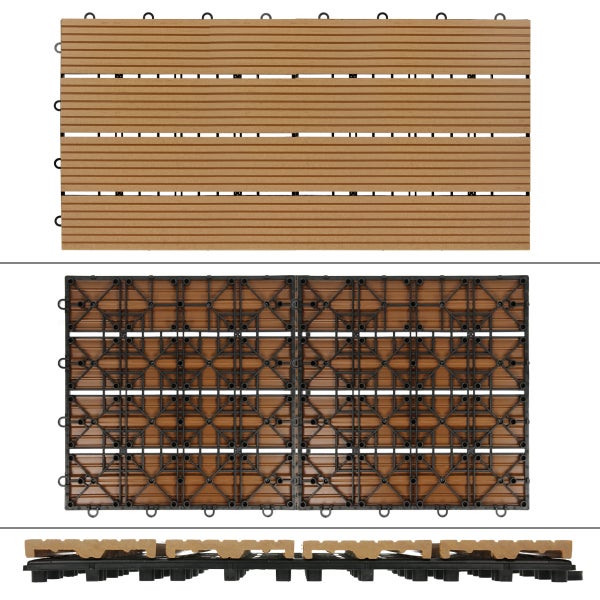 ECD Germany WPC Terrassenfliesen 60x30 cm 18er Spar Set für 3m² Teak in Holzoptik für Garten Balkon Bodenbelag mit Drainage und Klicksystem Terrassendielen Balkonfliesen Klickfliesen Holzfliesen