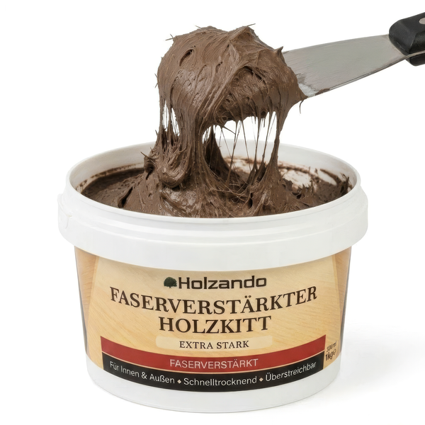 Holzando faserverstärkter Holzkitt im weißen Eimer, mit Spachtel entnommen, extra stark, für innen und außen geeignet.