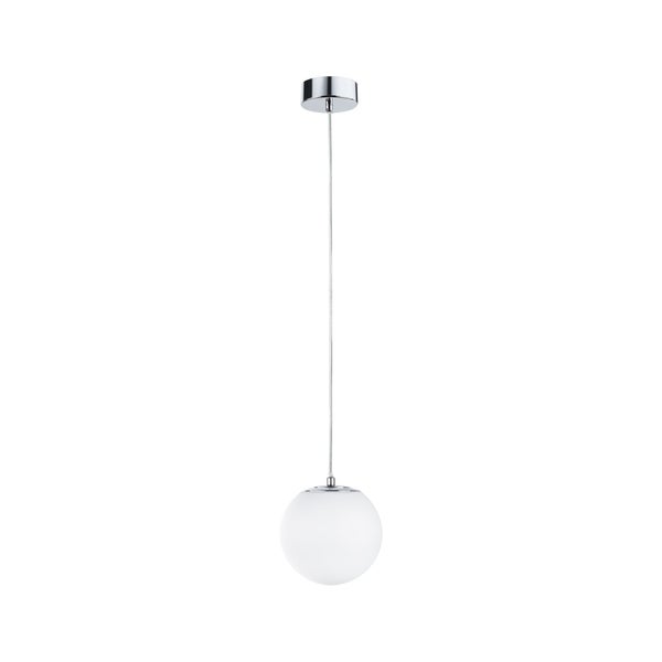 Moderne Hängeleuchte mit weißem Kugelschirm aus Glas und verchromter Halterung.
