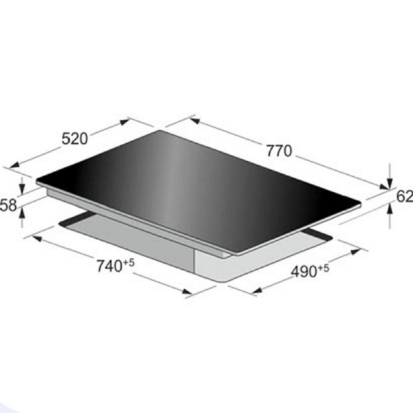 Maßzeichnung eines Induktionskochfeldes mit Angabe der Breite, Tiefe und Einbaumaße in Millimeter.