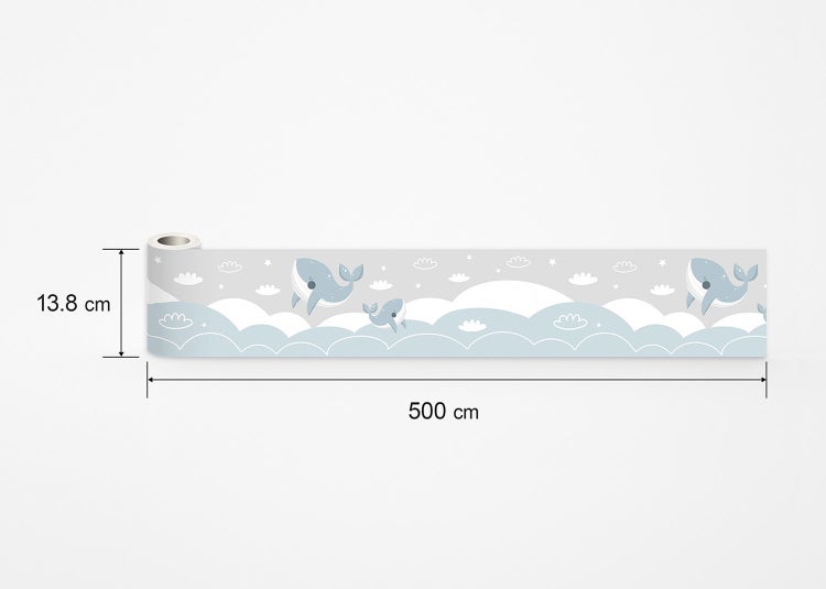 Selbstklebende Wandbordüre fürs Kinderzimmer mit Walen, Wolken und Sternen, Maße 13,8 Zentimeter mal 500 Zentimeter.