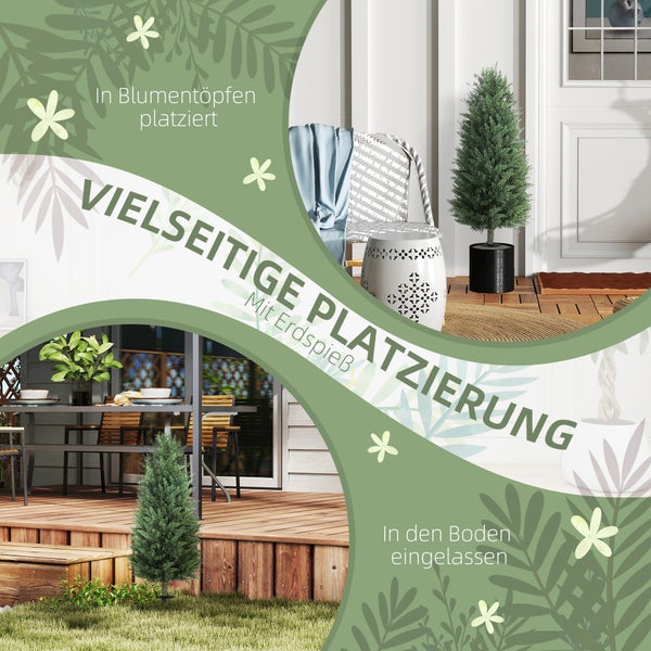 Künstlicher Nadelbaum mit Erdspieß in verschiedenen Einsatzbereichen: im Blumentopf auf einer Terrasse und im Boden vor einer Holzterrasse.