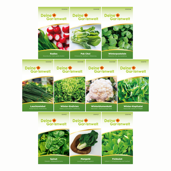 Auswahl von zehn Samentüten der Marke Deine Gartenwelt für Gemüsesorten wie Radieschen, Pak Choi, Salat, Spinat und Blumenkohl.
