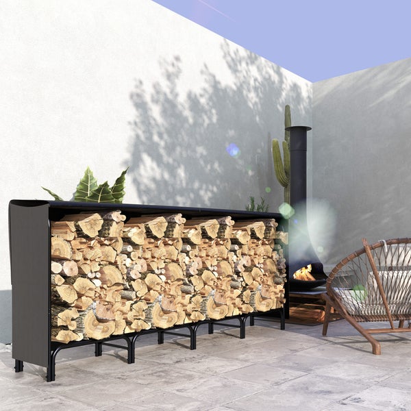Outsunny Kaminholzregal, mit Tragetasche aus Segeltuch, 600D Oxford Wasserabweisende Abdeckung, für Garten, Terrasse, 240 x 36 x 99 cm, Metall, Schwarz