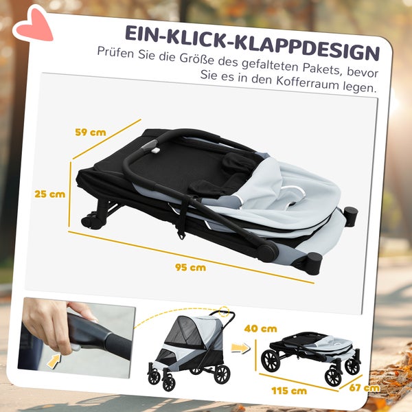 PawHut Hundewagen Hundebuggy klappbar für große Hunde & Katzen bis 30 kg Katzenbuggy mit Kissen Netzfenstern Türen Aufbewahrungstasche Katzenwagen mit Sicherheitsleinen, Bremsen, Buggy Grau