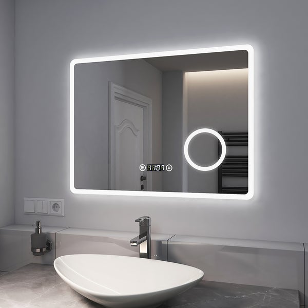 EMKE Badspiegel mit 3-fache Vergrößerung, LED Beleuchtung, 90x70cm, Kaltweißes Licht Dimmbar, Touch, Beschlagfrei, Uhr