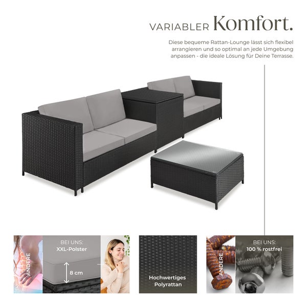 Rattan Lounge tectake Siena mit Sicherheitsglasplatte für 4 Personen schwarz/grau