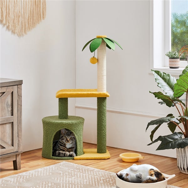 Katzenbaum in Palmenform mit Kratzstamm, Plattform und Katzenhaus, wobei eine Katze im Haus sitzt und eine andere im Katzenkorb liegt