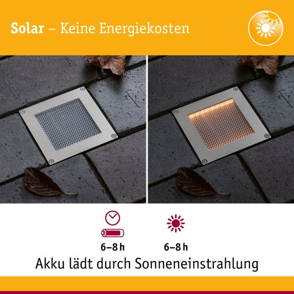 Solar-Bodenstrahler in dunklen Pflastersteinen, beleuchteter und unbeleuchteter Zustand, Akkuladezeit sechs bis acht Stunden durch Sonnenstrahlen.