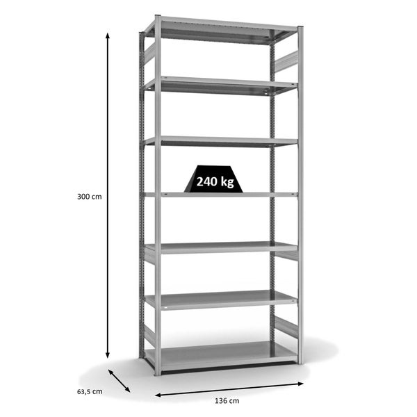 PROREGAL Fachbodenregal Stecksystem T-Profil Medium-Duty Grundregal HxBxT 300 x 130 x 60 cm 7 Ebenen Fachlast 240 kg Beidseitig Nutzbar Verzinkt