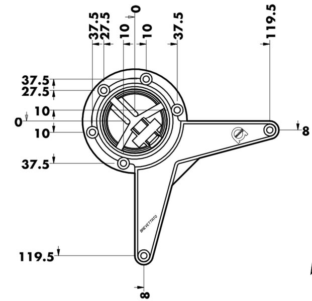 Technische Zeichnung mit Maßangaben für ein Bauteil mit kreisförmigem Gehäuse und zwei hervorstehenden Befestigungsarmen.