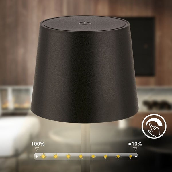 Schwarzer Lampenschirm mit Touch-Funktion, dimmbar von 100 bis circa 10 Prozent.