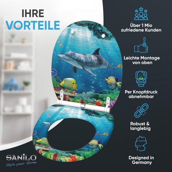 Toilettensitz mit Delfin-Motiv. Symbole für Kundenzufriedenheit, Montage von oben, abnehmbar per Knopfdruck, Robustheit und Design. Sanilo Logo.