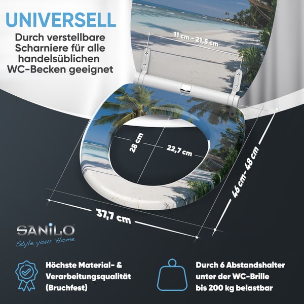 WC Sitz mit Strandmotiv und verstellbaren Scharnieren, belastbar bis 200 Kilogramm, inklusive Maßangaben zur Montagehilfe.