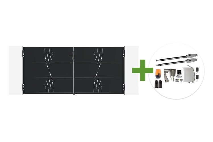 Doppelflügeltor mit dekorativen Stanzungen und elektrischem Drehtorantrieb Set