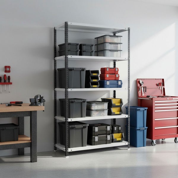 Organisierte Werkstatt mit Schwerlastregal, Werkbank mit Schraubstock und Werkzeugwagen. Enthält verschiedene Lagerboxen und Kleinteilemagazine.