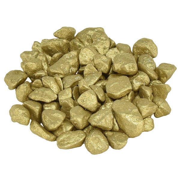 Goldfarbene Dekosteine, unregelmäßig geformter Ziersplitt mit metallischem Glanz für Dekoration und Gartenbau.