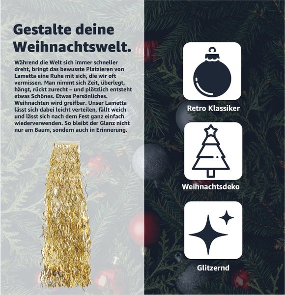Goldfarbenes Lametta und Icons für Retroklassiker, Weihnachtsdeko und Glitzer