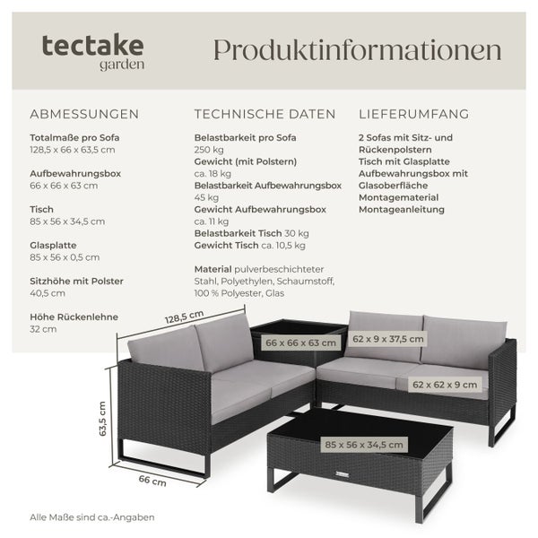 Produktinformationen zu Tectake Gartenmöbel Set mit Maßen und Materialangaben