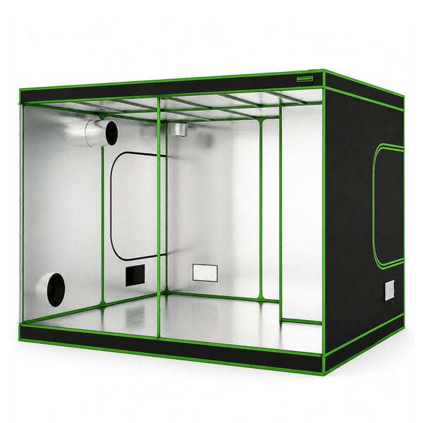 Ein rechteckiges Growzelt mit reflektierender Innenbeschichtung, Belüftungsöffnungen und einem stabilen Metallrahmen für die Pflanzenzucht.