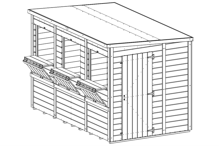 Zeichnung einer Verkaufshütte aus Holz mit Pultdach, drei Verkaufsklappen mit Ablage und einer Tür an der Seite.