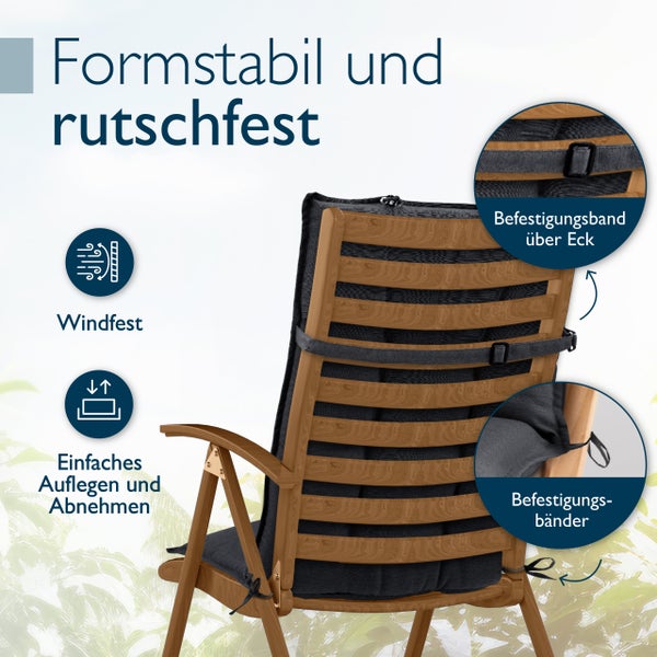 Dunkelgraue Hochlehner-Gartenstuhlauflage auf Holzstuhl, formstabil und rutschfest mit Befestigungsgurt, windfest und einfach in der Handhabung.