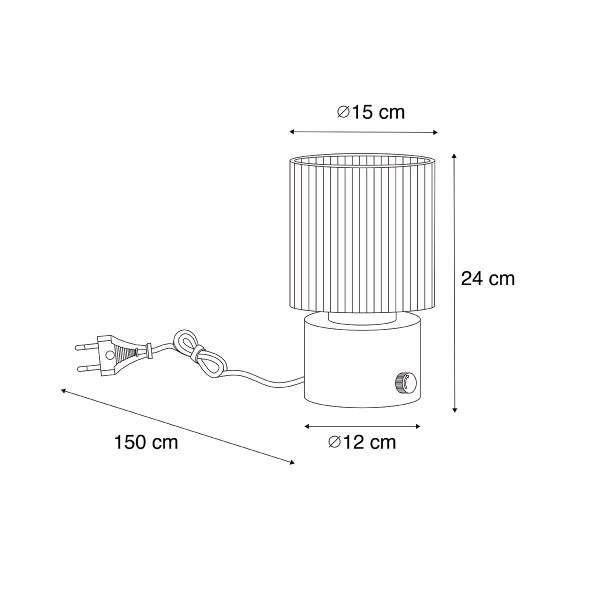 Skizze einer Tischleuchte mit den Maßen 15 Zentimeter Durchmesser oben, 12 Zentimeter Durchmesser unten, 24 Zentimeter Höhe und 150 Zentimeter Kabellänge