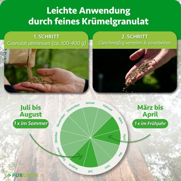 Anwendungshinweise für Purgrün Granulat mit bebilderter Schritt für Schritt Anleitung und Kalender für die optimale Düngezeit im Frühjahr und Sommer.