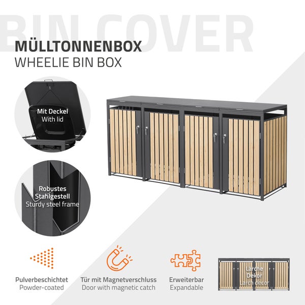 Mülltonnenbox für vier Tonnen mit pulverbeschichtetem Stahlrahmen, Holzlatten in Lärchen-Dekor, Klappdeckel und Türen mit Magnetverschluss.