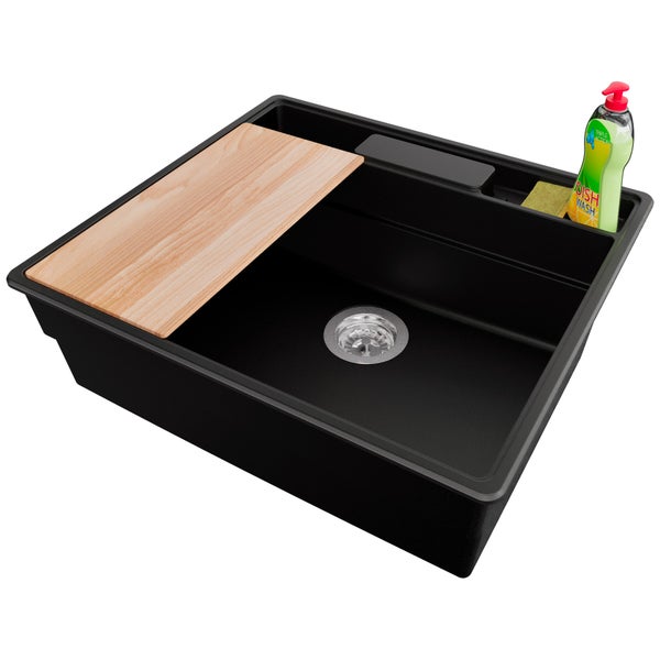 Spüle mit Spülmittel, Schwamm und Schneidebrett