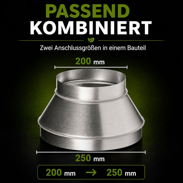 Reduzierstück aus verzinktem Stahl für Lüftungsrohre mit zwei Anschlussgrößen: 200 Millimeter und 250 Millimeter.